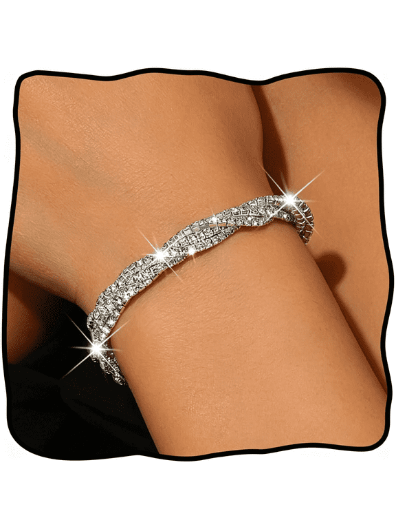 Silver Rhinestone Bracelet for Women Layered Sparkly Rhinestone Open Cuff Bracelet Adjustable Multi Row Glitter Bangle Bride Bridesmaid Wedding Party Prom Jewelry Accessories for Her
