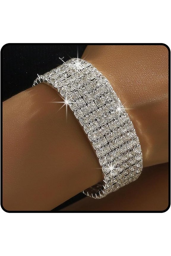 Silver Rhinestone Bracelet for Women Layered Sparkly Rhinestone Open Cuff Bracelet Adjustable Multi Row Glitter Bangle Bride Bridesmaid Wedding Party Prom Jewelry Accessories for Her