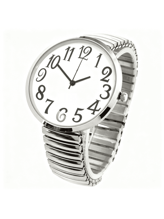 Silver Super Large Face Easy to Read Stretch Band Expansion Watch NIB Women Men Analog Quartz Fashion Gift Jewelry Accessory