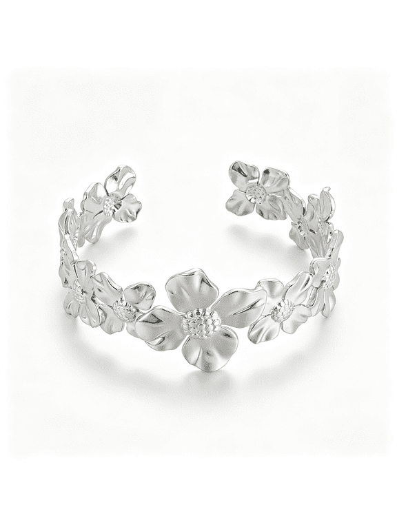 Silver-Tone Flower Cuff Bracelet,Metallic Chunky Bracelet for Women,Chunky Flower Cuff Bracelet