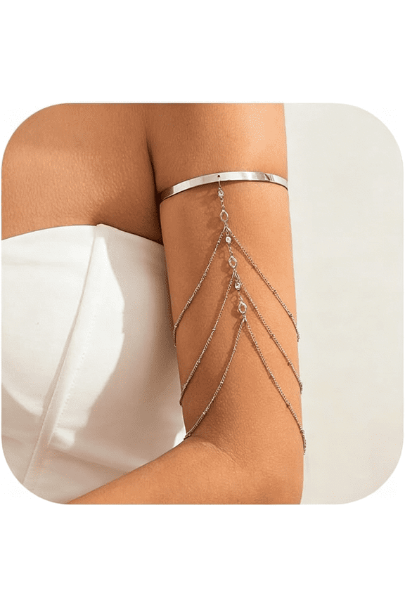 Simple Crystal Bead Tassel Upper Arm Chain Bracelet Multi-Layered Bikini Armlet Rhinestone Adjustable Open Arm Cuff Bangle Bracelets Summer Beach Body Jewelry for Women