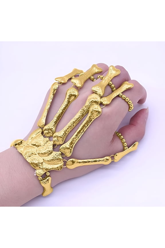 Skeleton Hand Bracelet, Bracelet for Women Men Rock Hand Chain Halloween Costume Accessory Gifts, Flexible to Wear for Your Halloween Cosplay Costume (Gold)