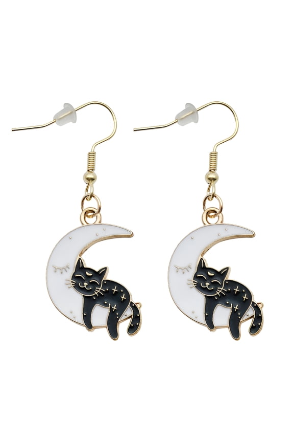 Sleeping Black Cat Crescent Moon Earrings Sleepy Kitty Kitten Witch Lunar Goth Black Cat Earrings