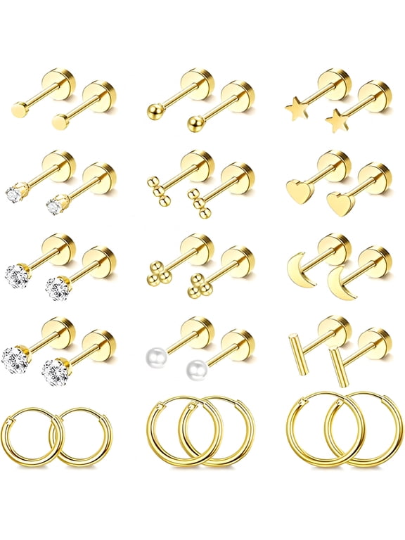Small Hypoallergenic Flat Back Stud Earrings for Women Men 14K Gold Plated Surgical Stainless Steel Earring Sets Tiny Screw Back Cartilage Earrings for Sensitive Ears