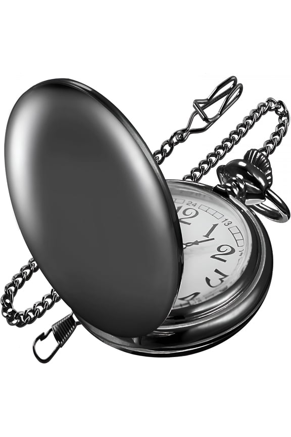 Smooth Black Pocket Watch for Men Quartz Arabic Digital Dial with Chain