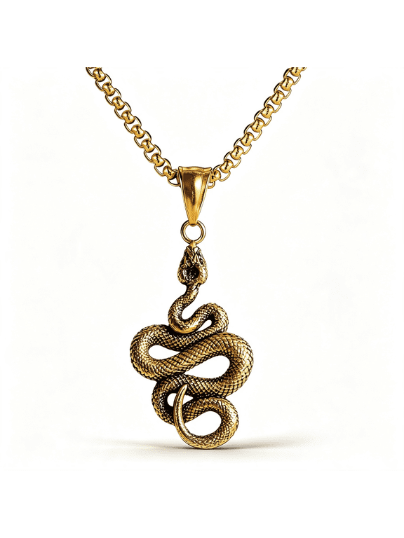 Snake Necklace Stainless Steel 3D Reptile Pendant Hip Hop Gothic Retro Jewelry Chinese Zodiac Snake Pendant for Men Women Rock Necklace with 60Cm Box Chain