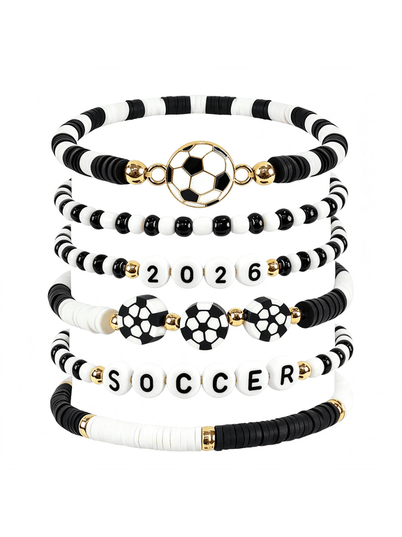Soccer Bracelets for Girls Boys Women Heishi Beaded Stack|Handmade Black White Stretchy Bracelet Set for Game Day,Jewelry Team Gift for Players and Fans,Sports Party Favors