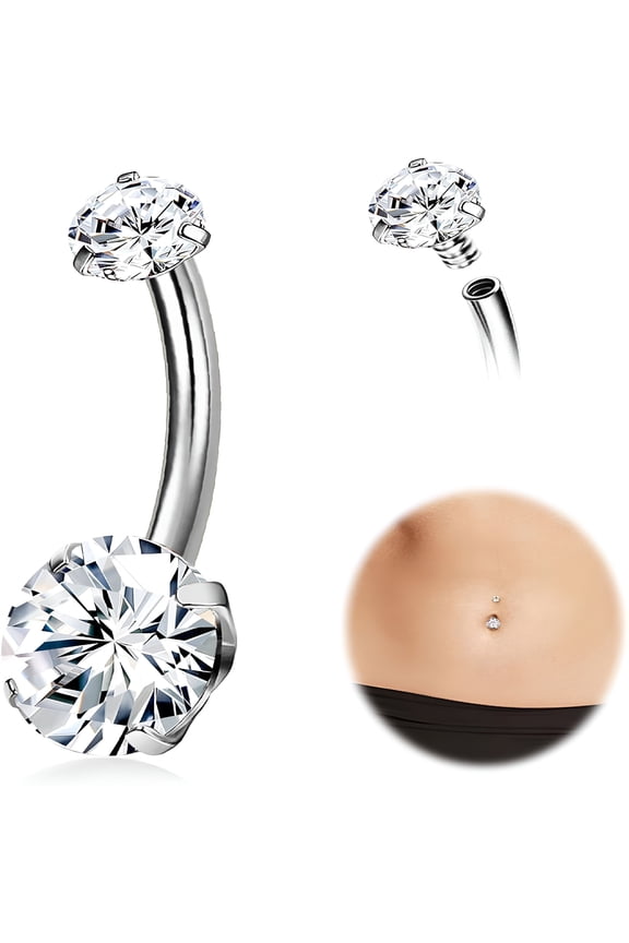 Solid Titanium Belly Button Rings, 14G Internally Threaded 12mm 14mm Long Bar Belly Ring, Cubic Zirconia Navel Rings for Women Men