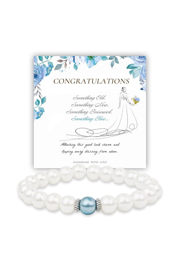 Something Blue Gift for Bride, Bridal Shower Gifts for Bride to Be White Pearl Bracelet Anniversary Gifts for Wife with Meaningful Card As Bride Gifts Bridal Party Gifts