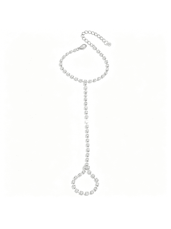 Sparkling Rhinestone Ring Bracelet Silver Hand Chain for Women Radiant Finger Wrist Accessories Prom Statement Jewelry