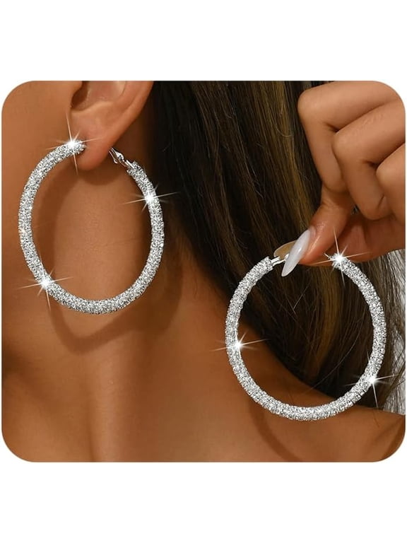 Sparkly Rhinestone Hoop Earrings for Women Large Cubic Zirconia Loop Earrings Aesthetic Big Circle Huggie Earring Bling Prom Jewelry Accessories Gifts