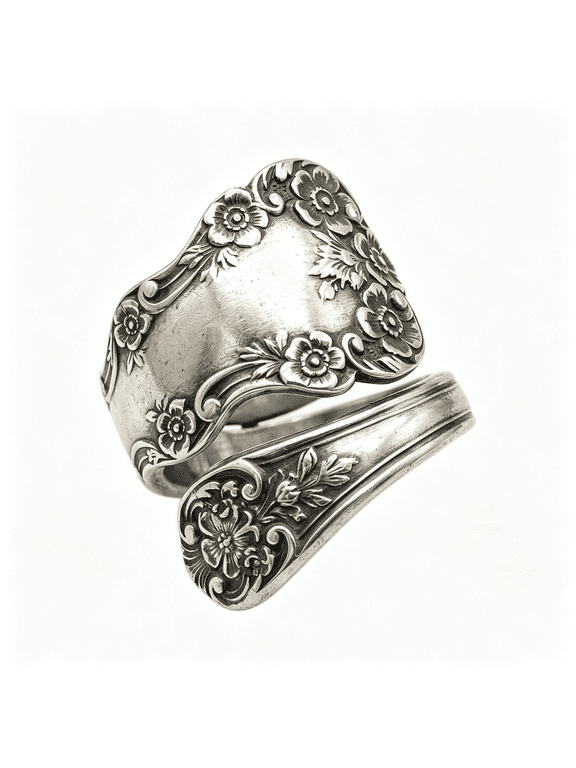 Spoon Ring for Women Vintage Silver Floral Flower Rings Wide Wrap Boho Circling Rose Cluster Rings Adjustable Extendable Wedding Finger Ring Retro Jewelry for Women Men