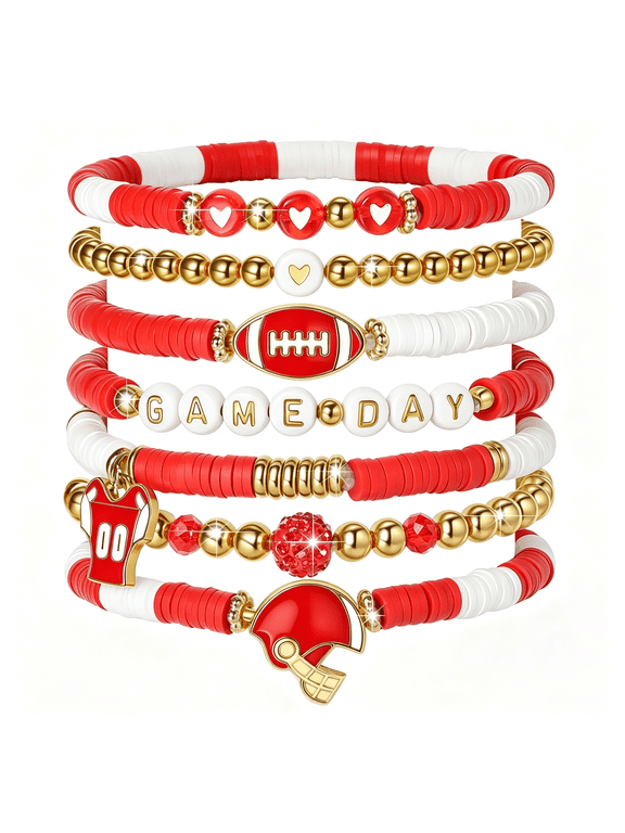 Sporty Chic Bracelets for Women Vibrant Blue White Red Gold Stretch Heishi Clay Beaded Bracelets Stylish Stackable Bangles for Game Days Casual Special Occasions Football Mom Jewelry Gift