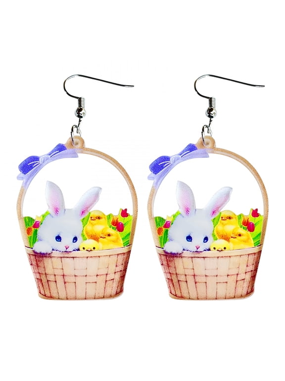 Spring Floral Earrings Easter Earrings Bunny Flower Basket Cute Print Egg Chicken Spring Flower Earrings
