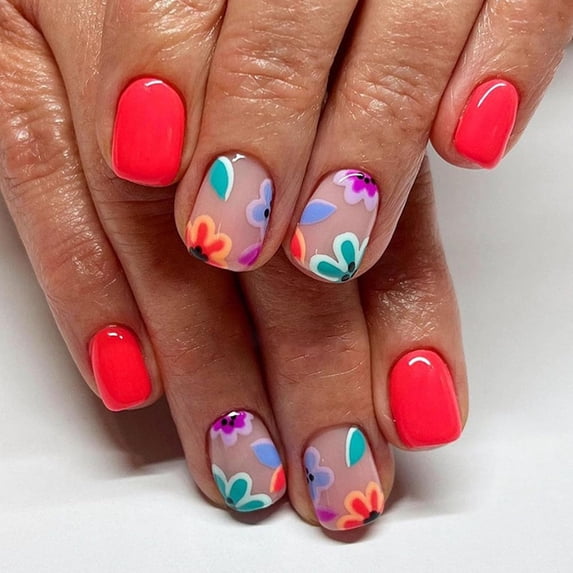 DESIGNICE Square Press on Nails Short Fake Nails with Flower Designs ...