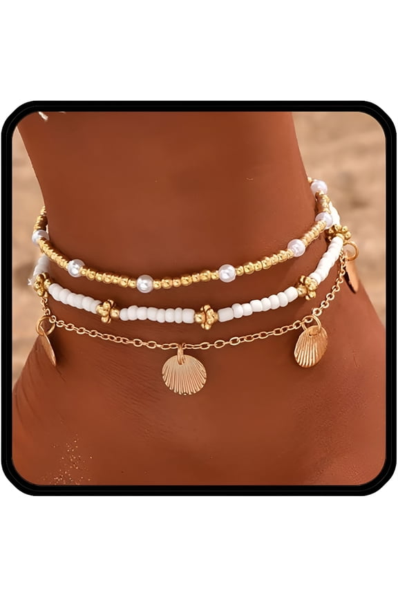 Stack Anklets Ankle Bracelets for Women Adjustable Waterproof Beach Jewelry Set Boho Gold Seashell Bead Surf Foot Chain Summer Gifts