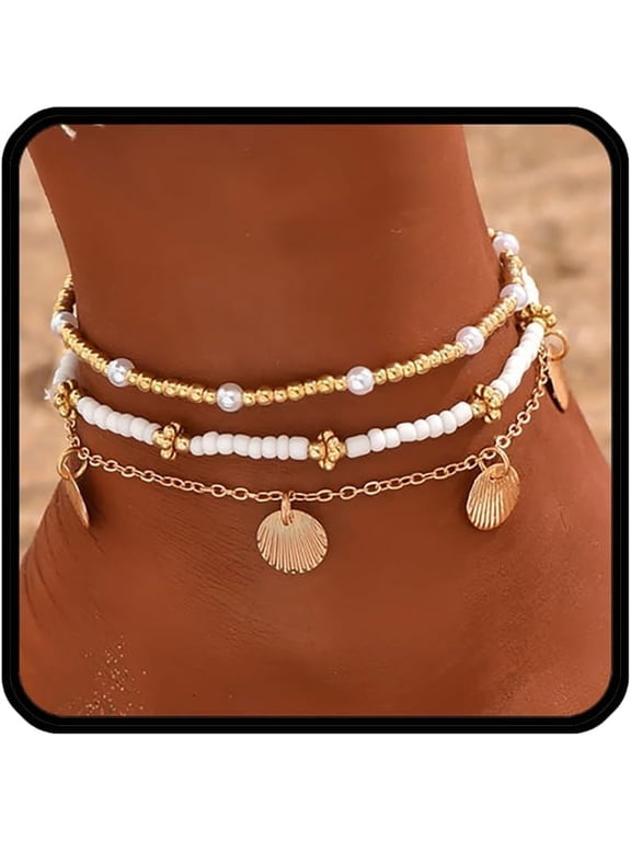 Stack Anklets Ankle Bracelets for Women Adjustable Waterproof Beach Jewelry Set Boho Gold Seashell Bead Surf Foot Chain Summer Gifts