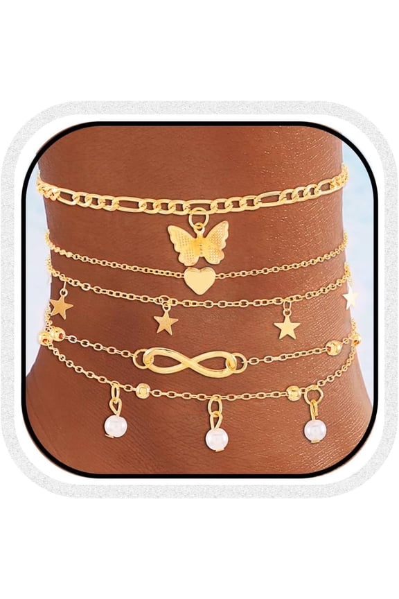 Stackable Gold Butterfly Anklet Bracelets Set Layered Beads Foot Jewelry Accessories for Women
