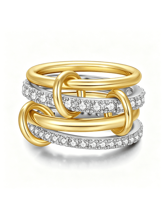 Stackable Gold Rings 18K Gold Plated Interlocking Ring Stack Set Gold Silver Mixed Metal Statement Rings Waterproof Dainty Cubic Zirconia Cz Fashion Connected Band Thumb Ring Size 4-11
