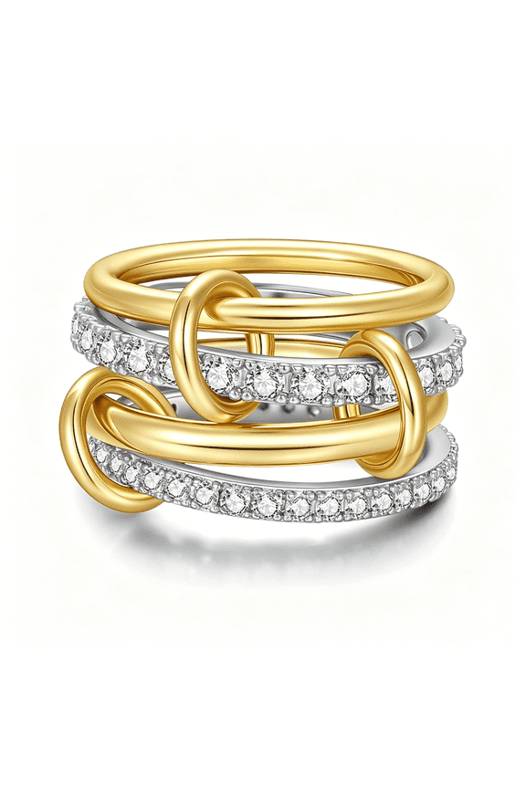 Stackable Gold Rings 18K Gold Plated Interlocking Ring Stack Set Gold Silver Mixed Metal Statement Rings Waterproof Dainty Cubic Zirconia Cz Fashion Connected Band Thumb Ring Size 4-11