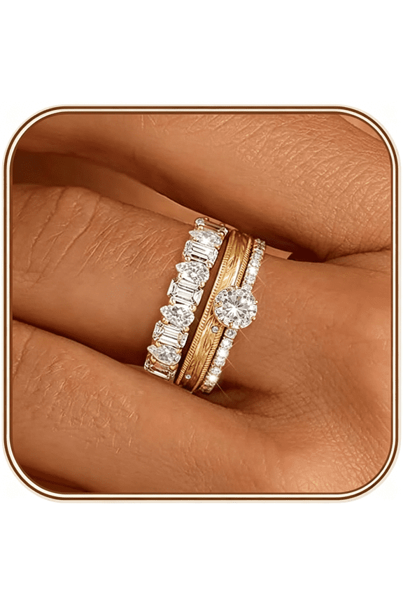 Stackable Gold Rings Non Tarnish Chunky 14K Gold Plated Rings that Dont Tarnish Engagement Cubic Zirconia Ring Set Stack Dainty Pinky Wedding Bands Thumb Rings Gold Jewelry Size 6-11