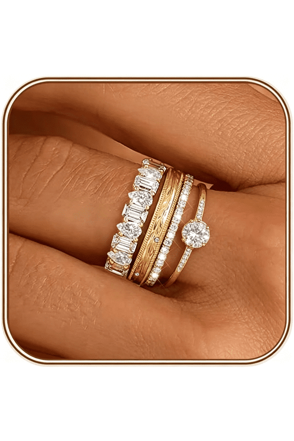 Stackable Gold Rings Non Tarnish Chunky 14K Gold Plated Rings That Don'T Tarnish Engagement Cubic Zirconia Ring Set Stack Dainty Pinky Wedding Bands Thumb Rings Gold Jewelry Size 6-11