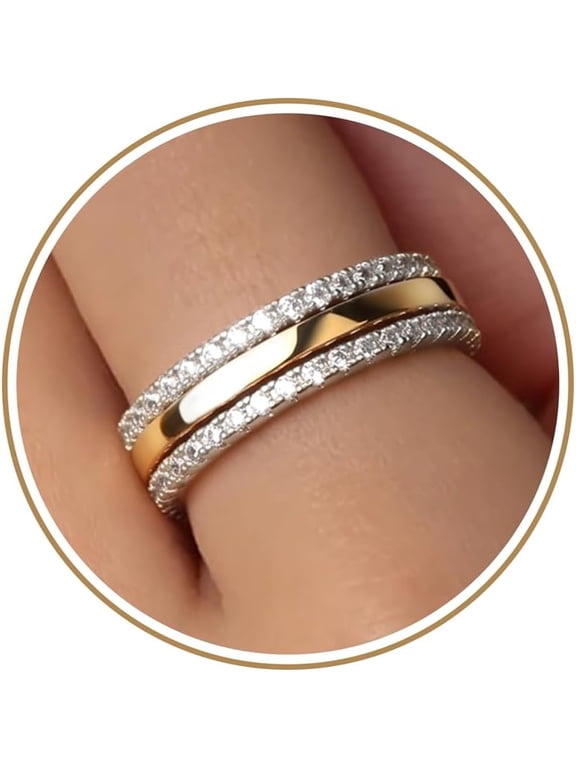 Stackable Rings for Women Non Tarnish,Two Tone Mixed Metal Dainty Eternity Band Set,14K Gold&Sterling Silver Plated Cubic Zirconia Hypoallergenic Wedding Thumb Pinky Rings Size 4-11