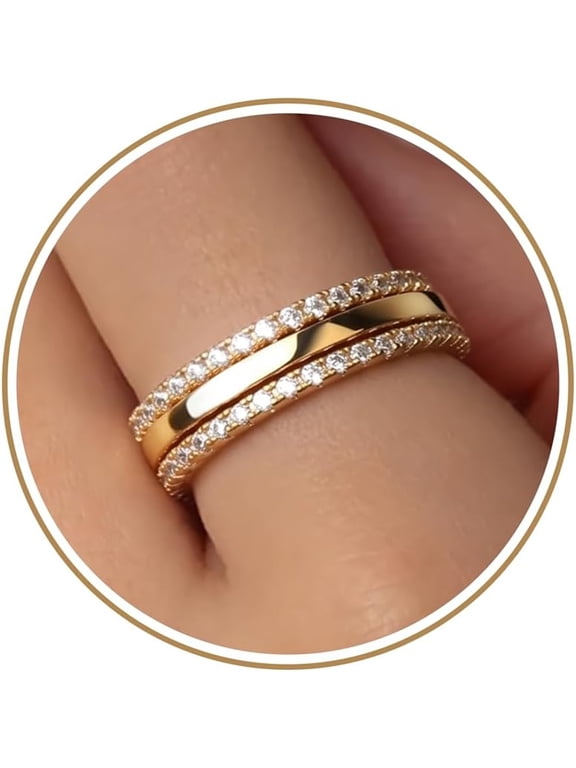 Stackable Rings for Women Non Tarnish,Two Tone Mixed Metal Dainty Eternity Band Set,14K Gold&Sterling Silver Plated Cubic Zirconia Hypoallergenic Wedding Thumb Pinky Rings Size 9