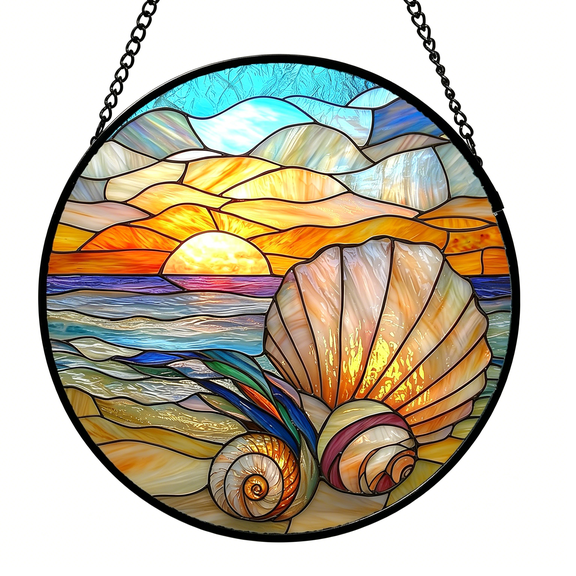 DESIGNICE Stained Glass Window Hanging-Colorful Beach Shells Conch Sun Catcher for Door Home Decor Ocean Suncatcher for Women Men Mom Nana 6.3 in
