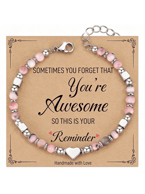 Stainless Steel Beaded Heart Bracelet for Women/Sister/Friend - Inspirational Adjustable Natural Stone Jewelry, You'Re Awesome Message Gift for Her with Extender Chain