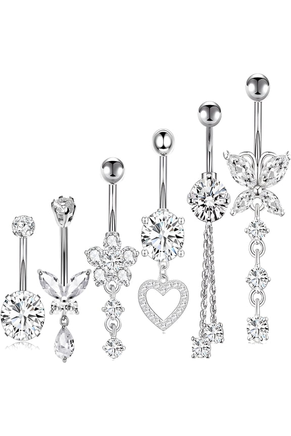 Stainless Steel Dangle Belly Button Rings for Women Belly Ring Dangling Piercing Jewelry with Heart Flower Butterfly 14G