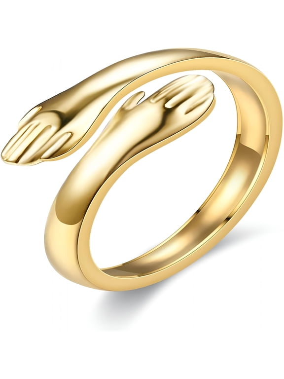 Stainless Steel Gold Silver European and American Jewelry Love Hug Ring, Adjustable Romantic Love Hugging Hands Open Ring for Couples Wedding Ring