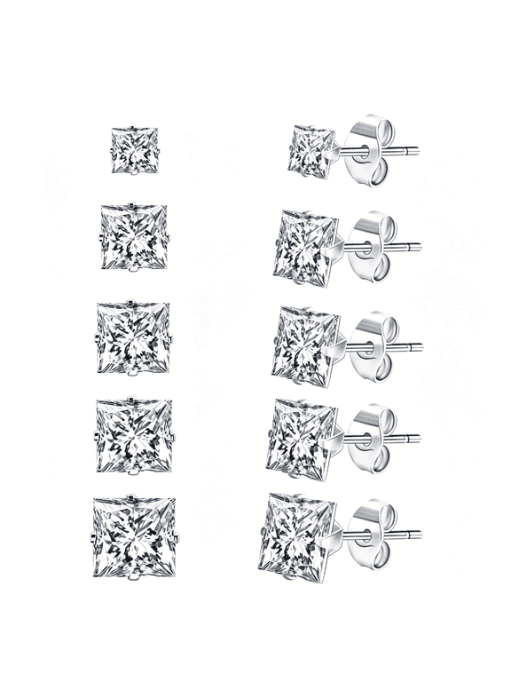 Stainless Steel Stud Earrings Set for Men,18K White Gold Plated Square Cubic Zirconia Studs Hypoallergenic Mens Earrings Pack 6 Pairs for Men Women