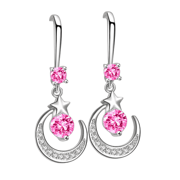 DESIGNICE Star Earrings,Diamond Setting Silver Dangle Earrings for Women,Water Drop 925 Sterling Silver Earrings,Pink