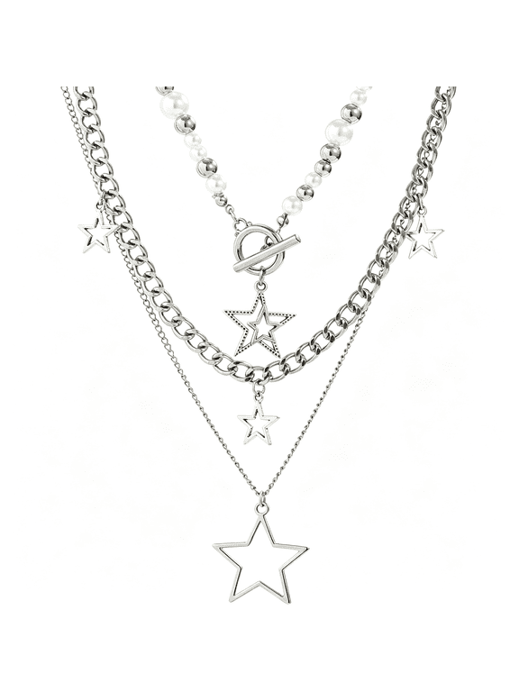Star Y2K Silver Necklace Grunge Layered Necklace Cute Aesthetic Stack Toggle Chain Necklaces Gothic Vintage Emo Jewelry Set for Women,Layered Necklace Stack