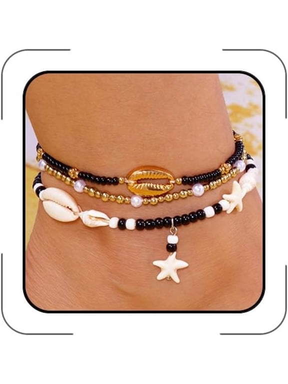 Starfish Anklets Bracelets for Women Waterproof Gold Beaded Seashell Starfish Anklets Bohemian Summer Surf Stackable Anklet Bracelet Hawaiian Mermaid Jewelry Outfits for Women