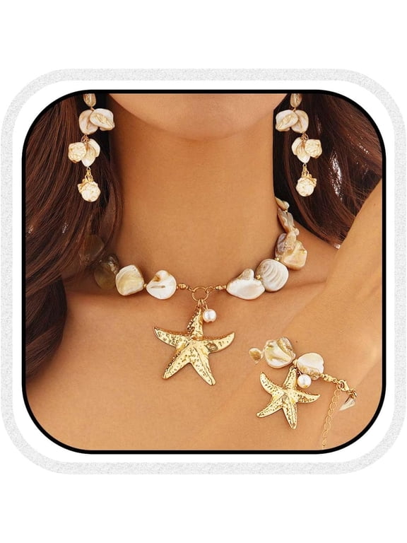 Starfish Necklace and Earring Set Mermaid Shell Choker with Bracelet Beach Wedding Jewelry Sets for Women Elegant Shell Starfish Necklace Bracelet Set
