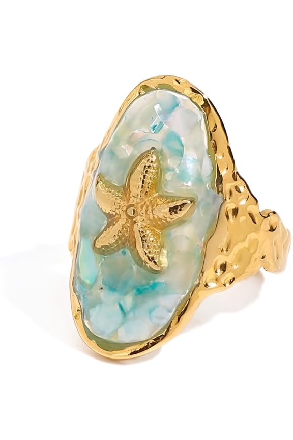 Starfish Ring for Women 18K Gold-Tone Plated Stainless Steel Adjustable Open Band Boho Ocean Jewelry Vintage Sea Shell Fragment Ring Comfort Fit Statement Piece for Summer