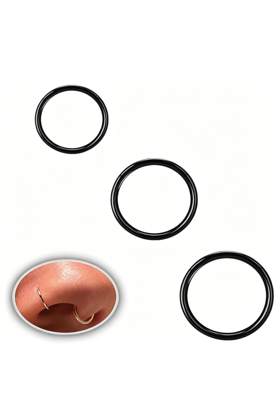 Steel Nose Rings Hoop,Septum Clicker Hinged Segment Ring,Lip Ear Piercing Earrings for Cartilage Helix Tragus Conch Rook,18G Inner Diameter 6Mm to 10Mm(3 Pack,Black)