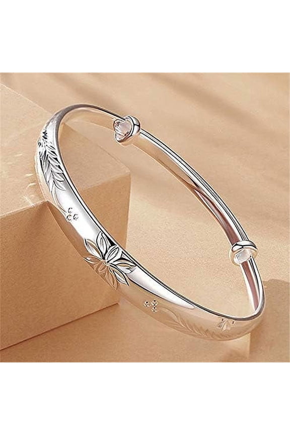 Sterling Silver Bangle Bracelets for Women, Fashion Jewelry Simple Adjustable 925 Silver Cuff Bangles for Women Mom Wife Valentine Mothers Day Gift