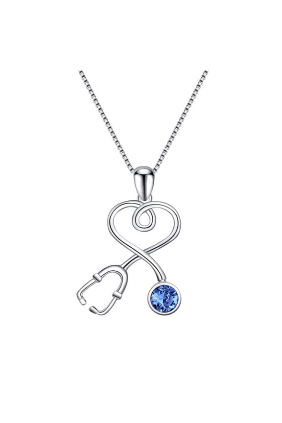 Sterling Silver Stethoscope Necklace with Simulated Sapphire Birthstone Austria Crystal,Doctor Nurse Gifts for Women,Medical Jewelry for Medical Student Graduation Nurse Week(Blue)