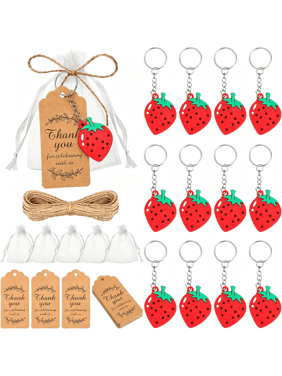 Strawberry Party Favors 24 Sets with Thank You Tags Bags, Strawberry Keychain, for Berry Baby Shower, Berry First Birthday Party, Bridal Shower, Wedding Anniversary, Birthday Party Supplies