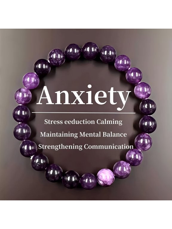 Stress Relief Anxiety Bracelet, Purple Stone Adjustable Elastic String Bracelet, Stone Mantra Bracelets for Women, Natural Beaded Birthday Gifts, Inspirational Bracelet for Men