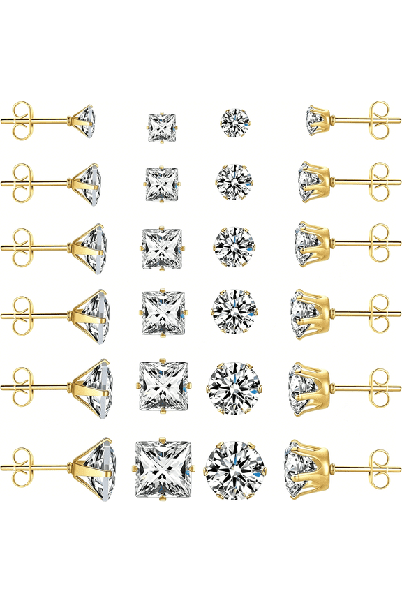 Stud Earrings Set 12 Pairs Stud Earrings for Women Hypoallergenic Stainless Steel Stud Earrings Pack Men Earrings Stud with Cubic Zirconia