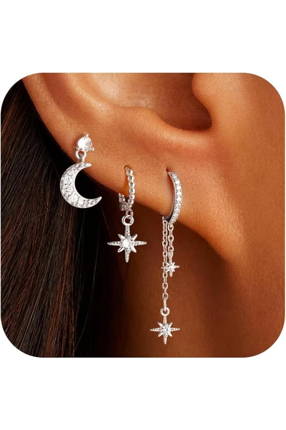 Stylish Gold Earrings for Women - 18K Gold/Silver Plated Moon Star Hoop Stackable Cubic Zirconia Chain Dangle Earring Set Stacks for Multiple Piercings Jewelry for Women Sensitive Ears