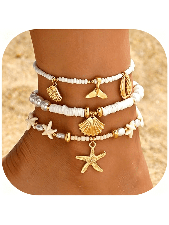 Summer Beach Ankle Bracelet for Women Waterproof Boho Beads Starfish Seashell Anklets Adjustable Surfer Preppy Ankles Set Beach Vacation Accessories