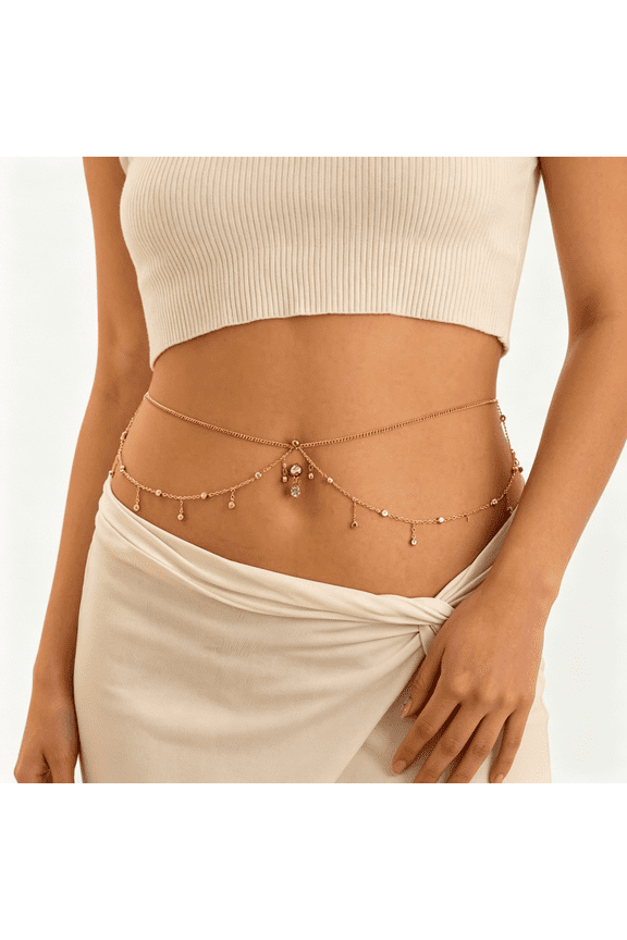 Summer Beach Multi-Layer Crystal Belly Buttom Ring with Waist Chain Bikini Rhinestone Navel Piercing Dangle Belly Button Rings Waist Chain Sexy Belly Body Chain Jewelry for Women