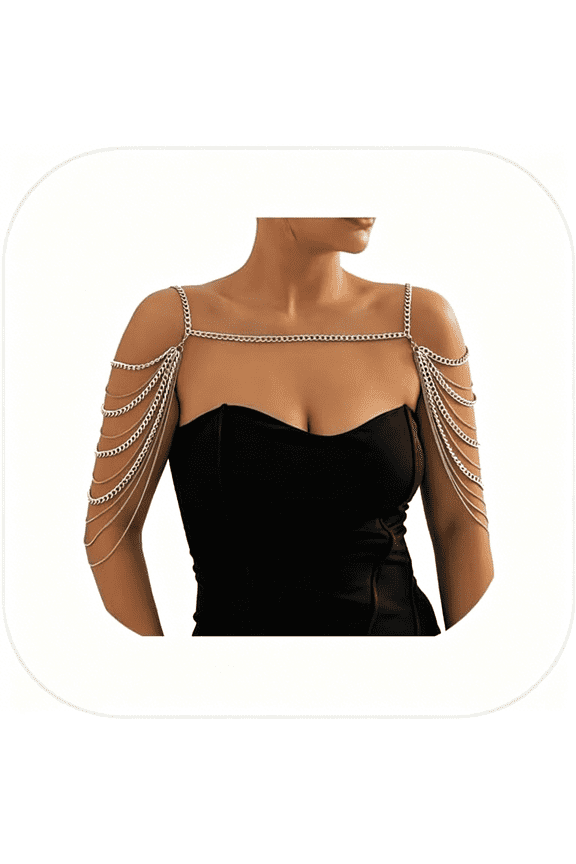 Summer Beach Punk Shoulder Body Chain Multi-Layered Back Chain Bikini Metal Tassel Arm Chain Statement Bridal Wedding Backdrop Necklace Body Chain Jewelry for Women