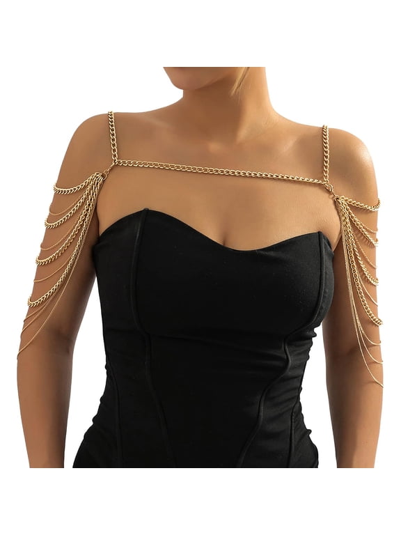 Summer Beach Punk Shoulder Body Chain Multi-Layered Back Chain Bikini Metal Tassel Arm Chain Statement Bridal Wedding Backdrop Necklace Body Chain Jewelry for Women