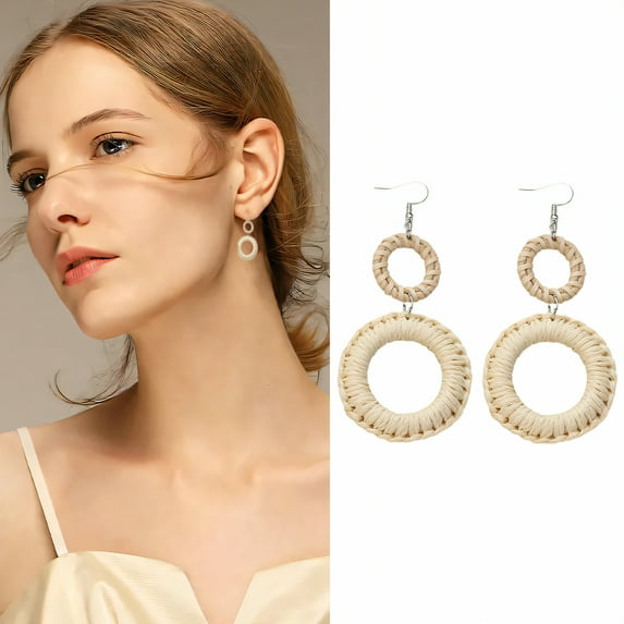 DESIGNICE Summer Earrings,Circle Rattan Summer Earrings for Women,Ethnic Style Statement Earrings for Women,Drop Earrings for Vacation、Island、Beach、Gift,Style4